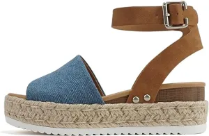 Topic | Open Toe Ankle Strap Flatform Espadrille Sandals | Denim/Tan *FINAL SALE*