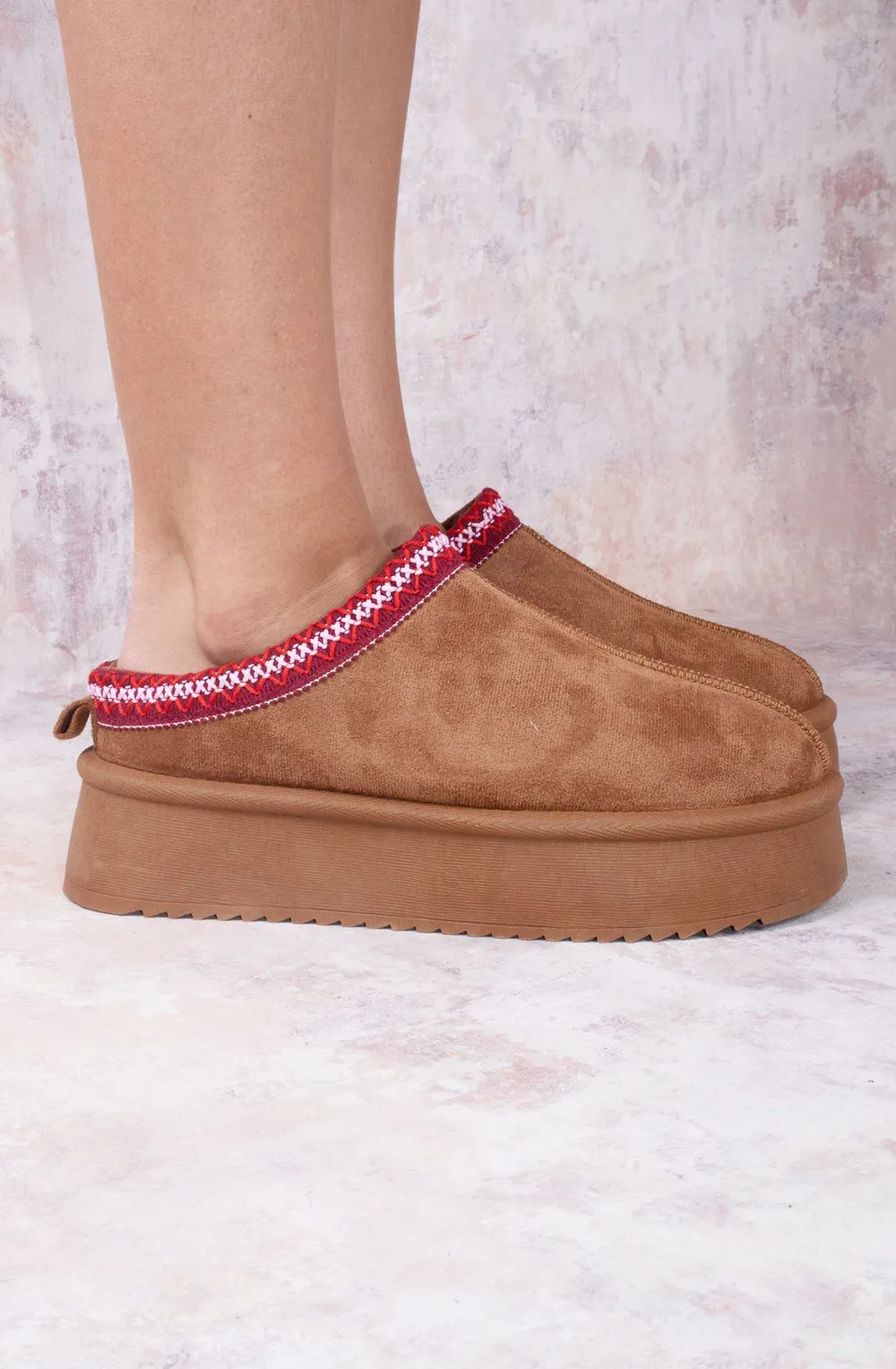 Vanilla Suede Embroidered Chunky Platform Slippers Shoes - Cherry Red