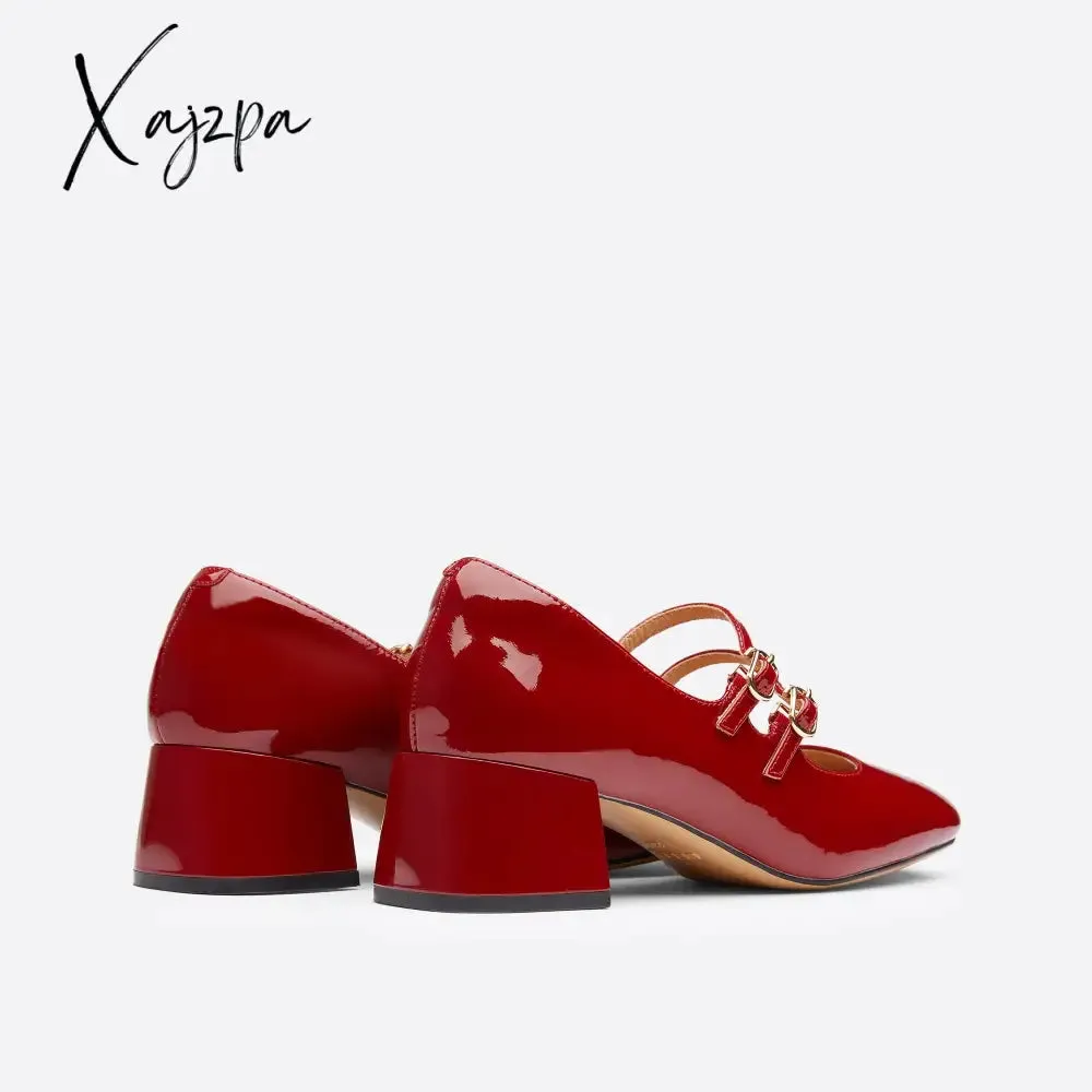 Xajzpa - Women Leather Double Buckle Heeled Mary Janes
