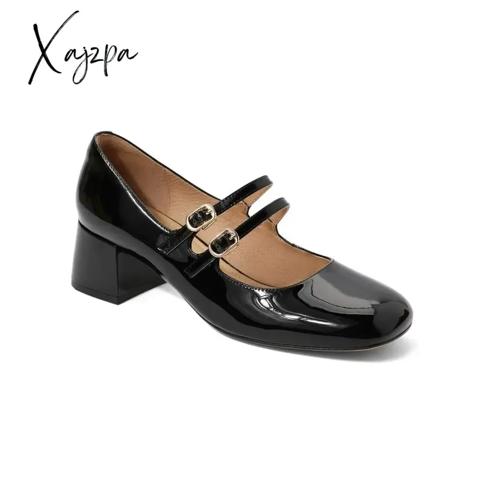 Xajzpa - Women Leather Double Buckle Heeled Mary Janes