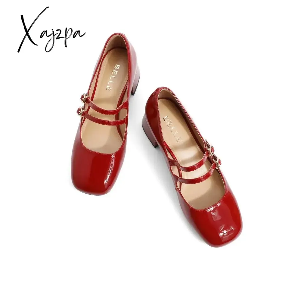 Xajzpa - Women Leather Double Buckle Heeled Mary Janes