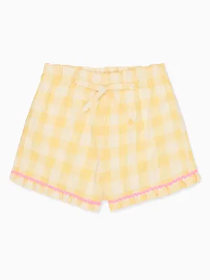 Yellow Gingham Flores Cotton Girl Shorts